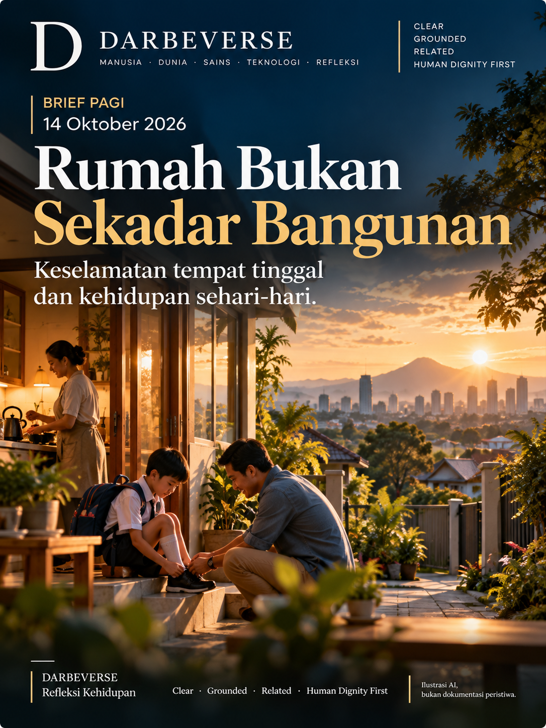 Ilustrasi editorial AI suasana keluarga di rumah pada pagi hari, bukan dokumentasi bencana.