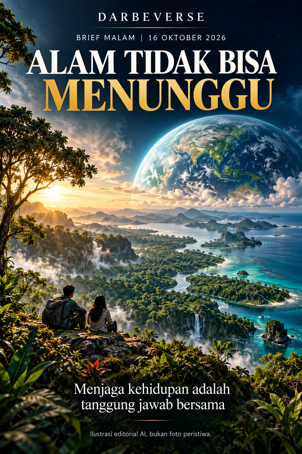 Ilustrasi editorial AI Darbeverse: Alam Tidak Bisa Menunggu, 16 Oktober 2026, bukan foto peristiwa